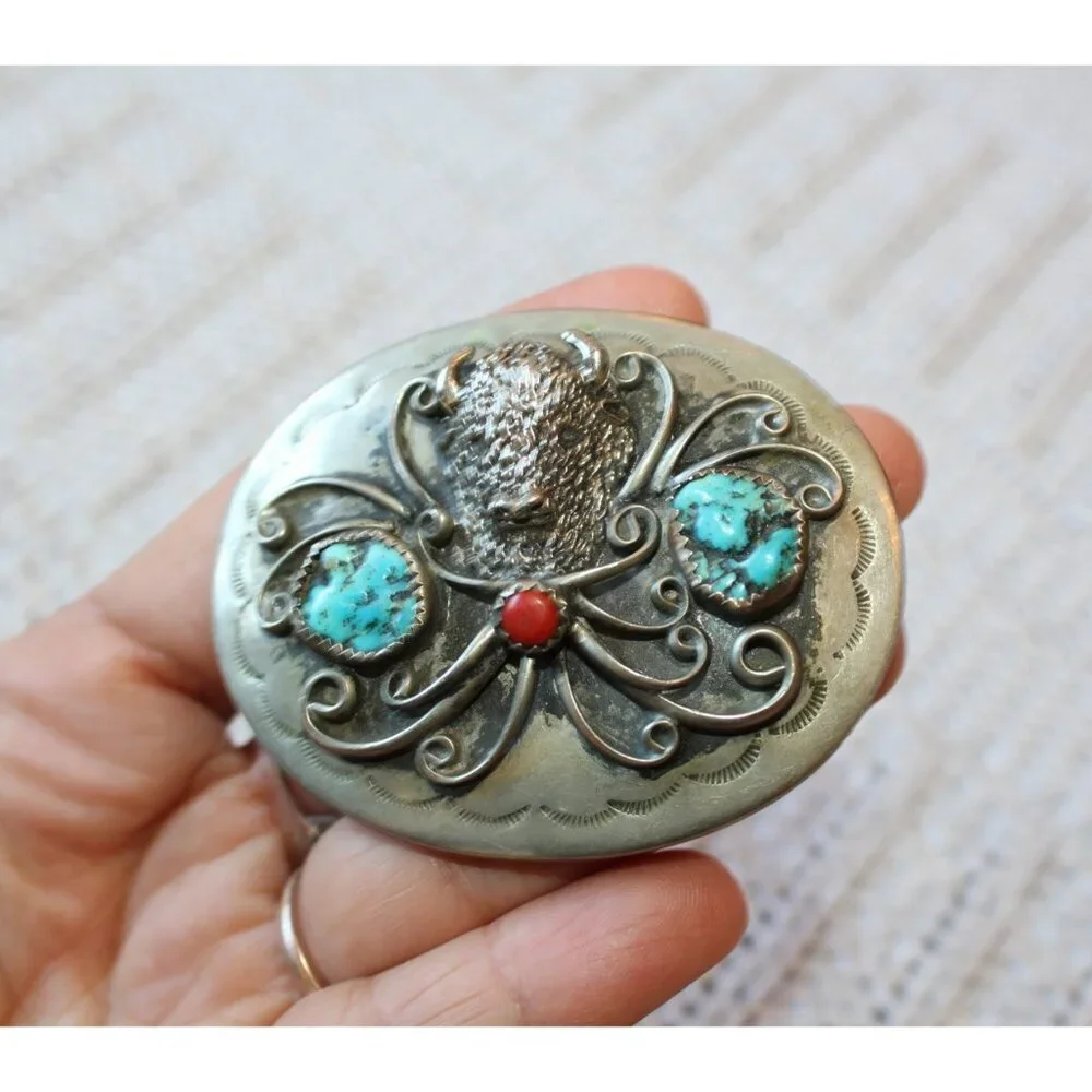 Vtg Navajo Buffalo Head Belt Buckle Turquoise & Coral Native American Handmade - Picture 7 of 7